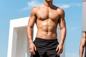A close-up shot of a man's chest after male breast reduction